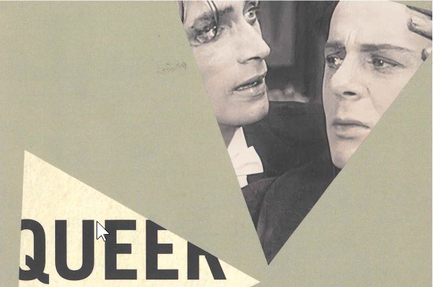 "Collage highlighting queer film history and potential, featuring expressive male characters."