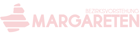 Footer der Bezirksvorstehung Margareten mit Logo und Schriftzug in rosa.