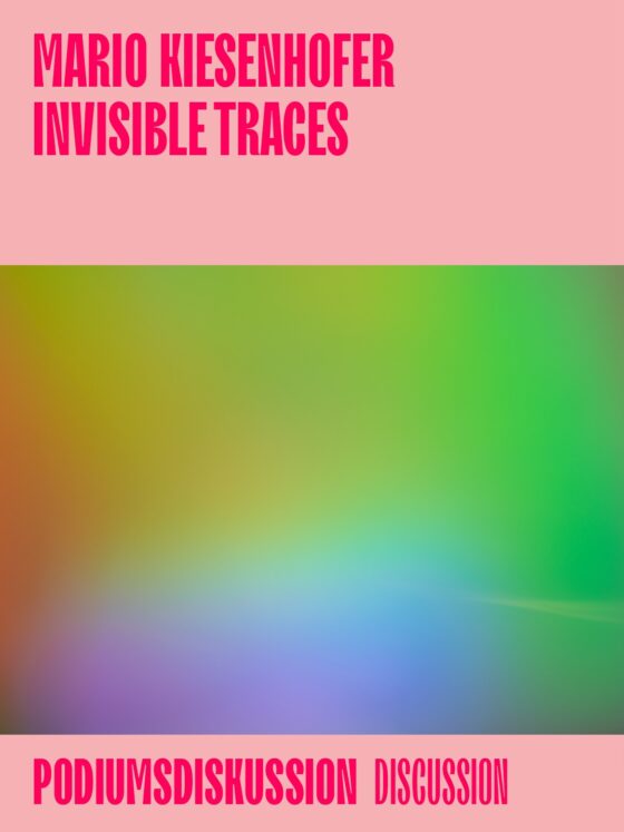 Abstract gradient background featuring text about Mario Kiesenhofer's "Invisible Traces" discussion event.