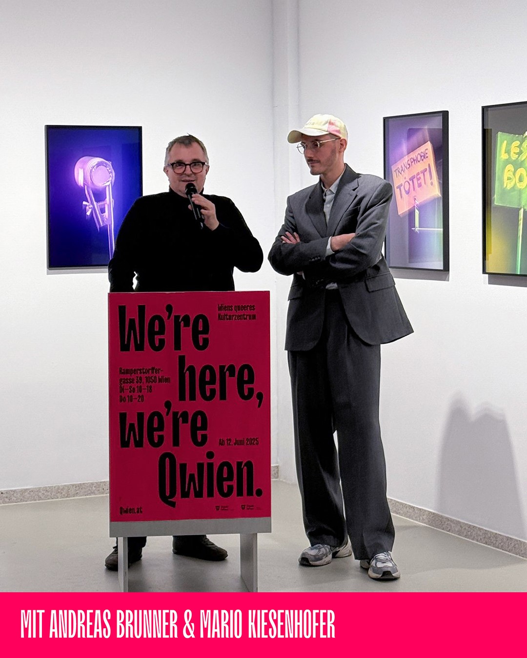 Two speakers at an art event, discussing "We're here, we're Qwien" exhibition.