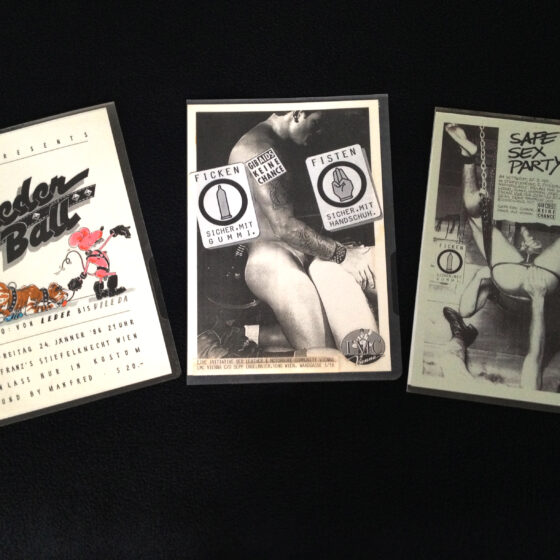 Three event flyers for parties in Vienna, featuring themes of sexuality and safe practices.