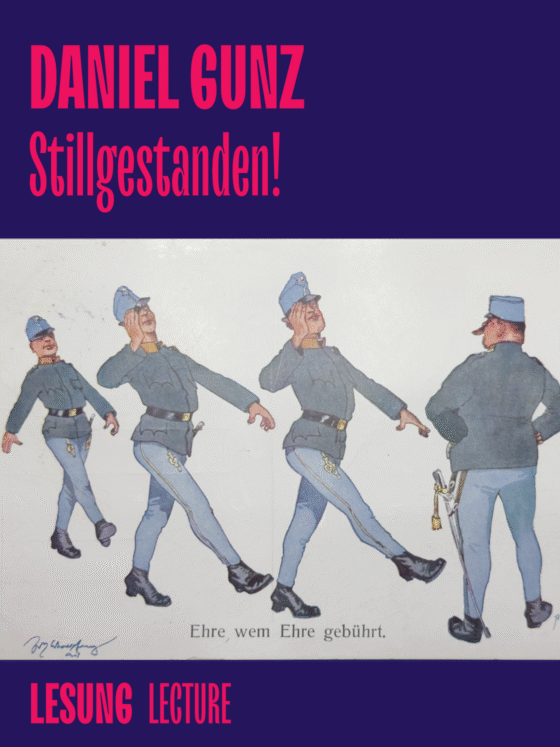 Illustration von Soldaten in verschiedenen Posen, Titel: "Stillgestanden! Eine queere Lesung".