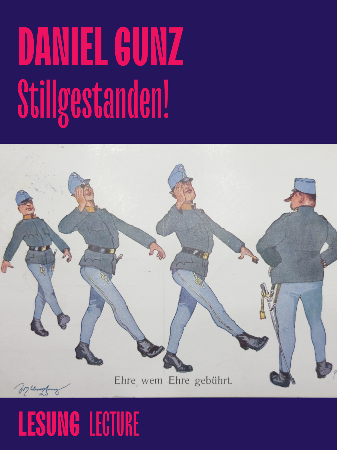 Illustration von Soldaten in verschiedenen Posen, Titel: "Stillgestanden! Eine queere Lesung".