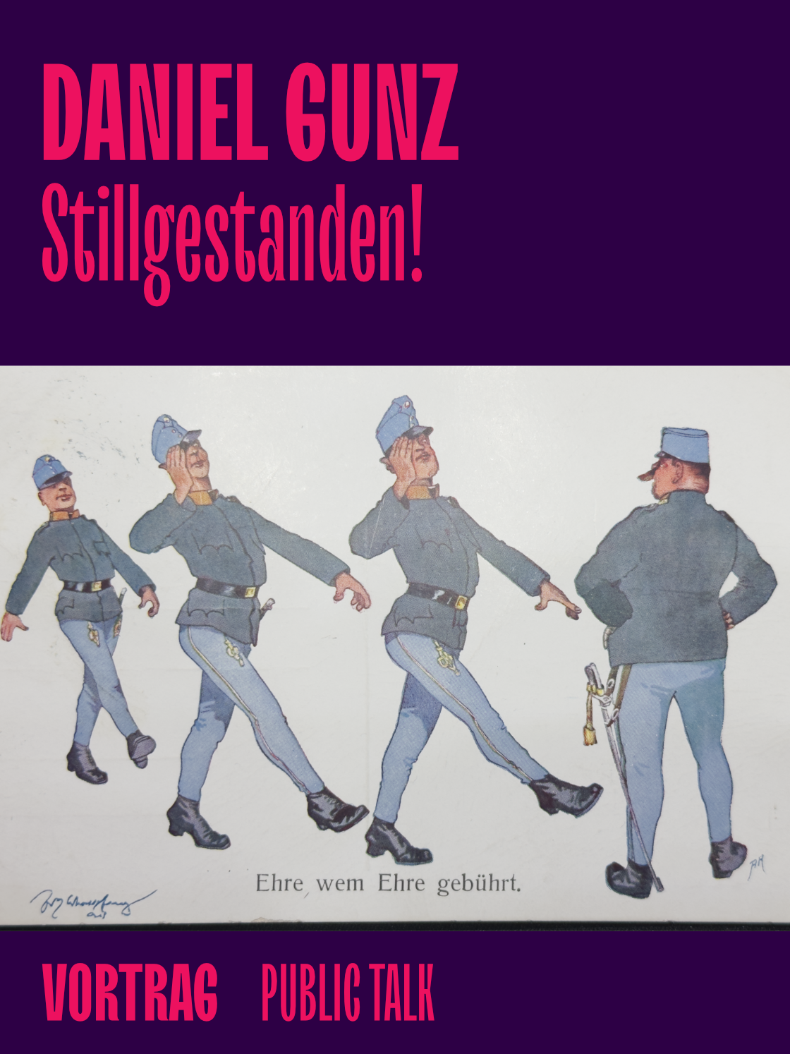 Illustration eines queeren Vortrags mit dem Titel "Stillgestanden!" von Daniel Gunz.