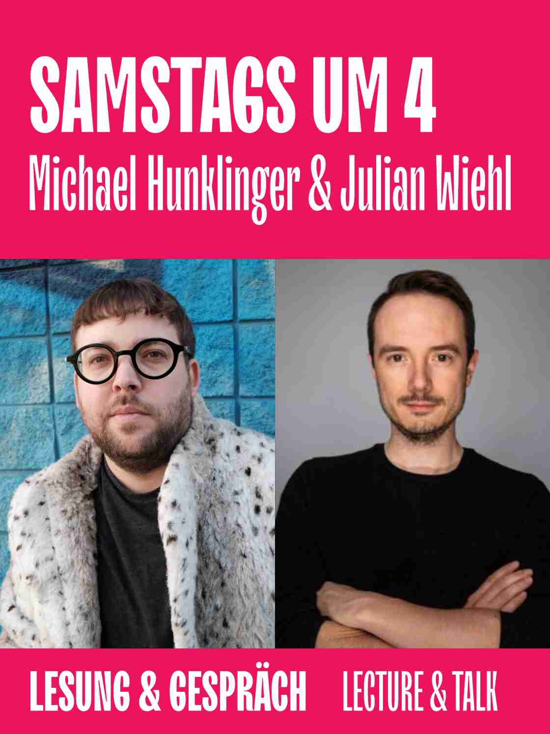 Zwei Personen in einem Werbebild für eine Lesung und Gespräch mit Michael Hunklinger und Julian Wiehl.