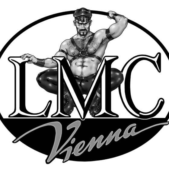 Illustration of a muscular figure in leather, with "LMC Vienna" text below.