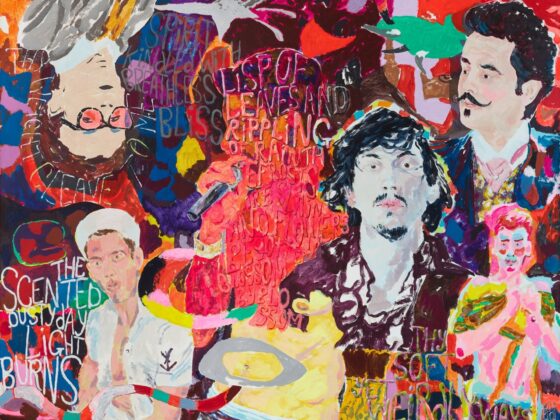 Bunte Collage, die Liebe, Sexualität und Intimität durch expressive Porträts und Texte darstellt.