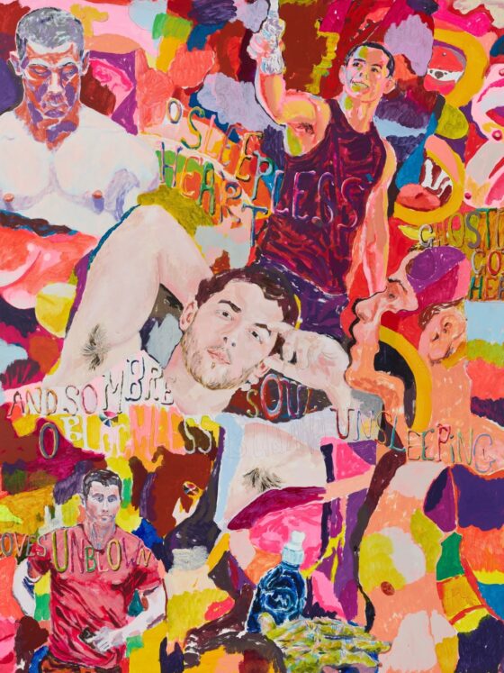 Bunte Collage, die Liebe, Sexualität und Intimität durch expressive Porträts und Texte darstellt.