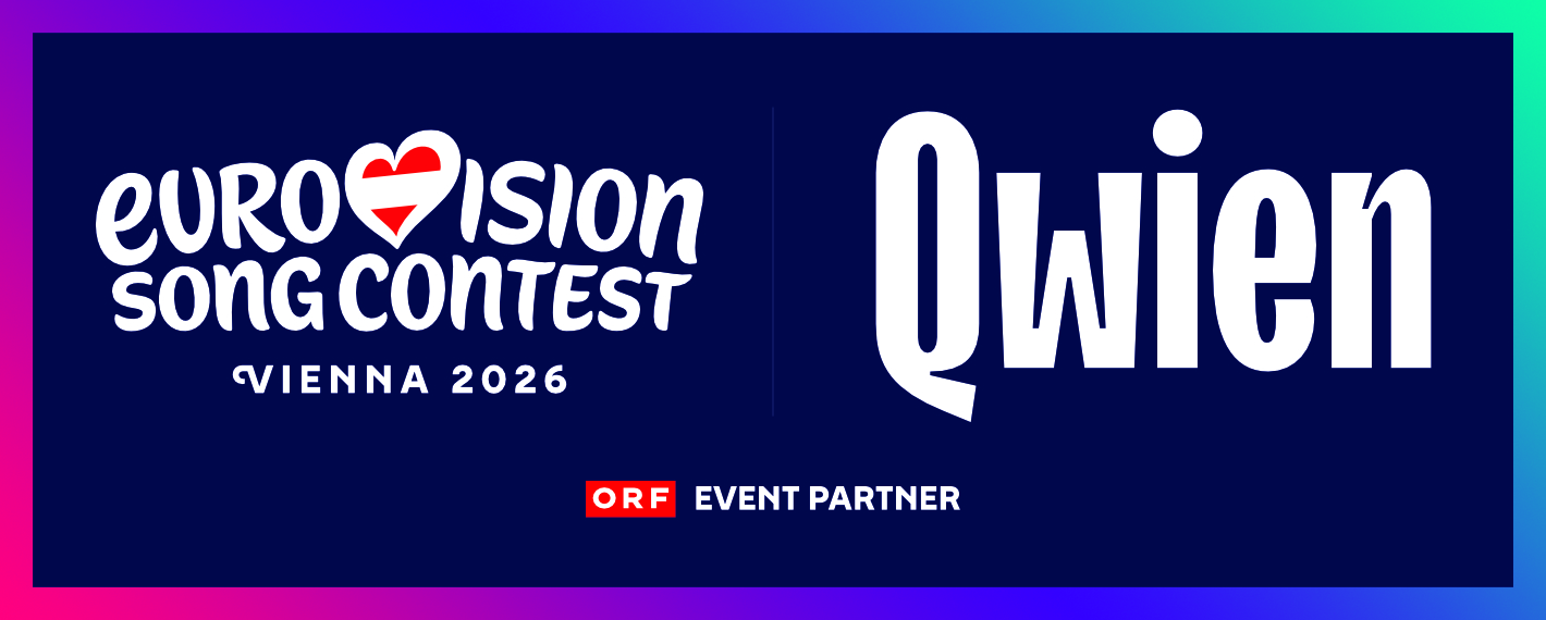 Logo des Eurovision Song Contest 2026 in Wien, präsentiert von Qwien und ORF.