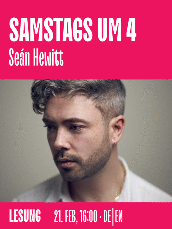 Porträt von Seán Hewitt, der für eine Lesung am 21. Februar wirbt.