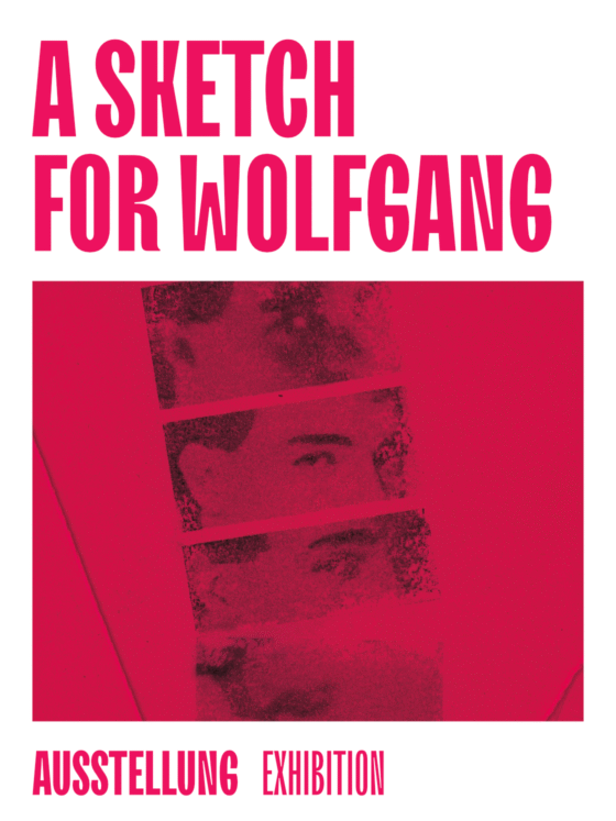 Skizze für Wolfgang, Ausstellung mit grafischen Elementen und auffälligem pinken Hintergrund.
