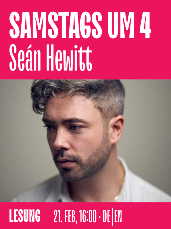 Lesung mit Seán Hewitt am 21. Februar um 16:00 Uhr, pinkes Hintergrunddesign.