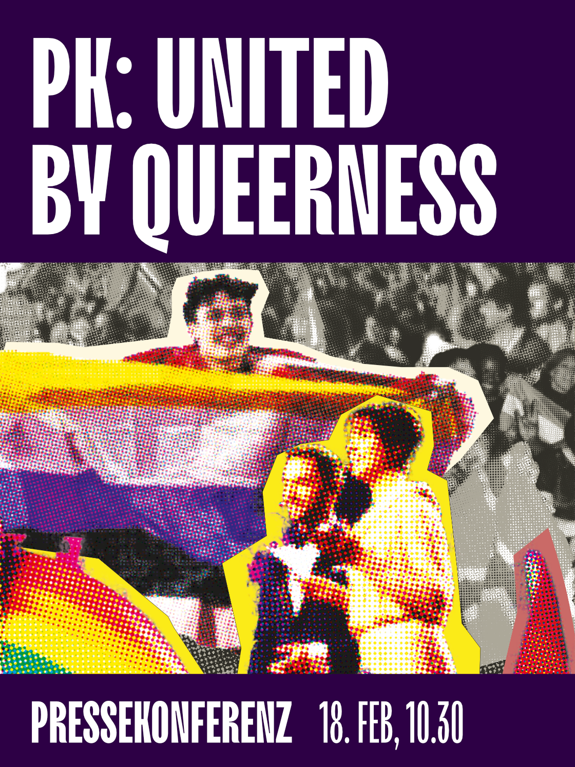 Buntes Plakat zur Pressekonferenz "PK: United by Queerness" mit Regenbogenflaggen.