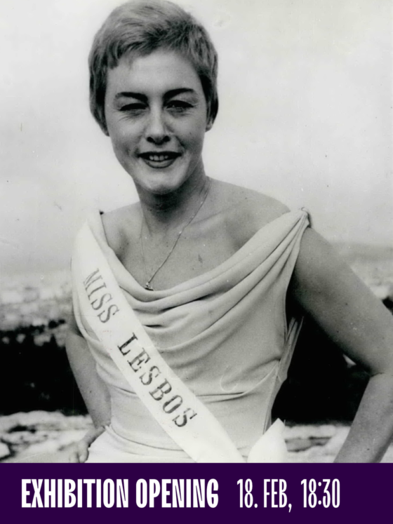 Black and white photo of a smiling woman in a sash, promoting an exhibition opening.