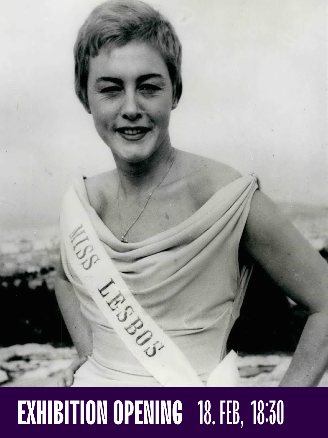 Black and white photo of a smiling woman in a sash, promoting an exhibition opening.
