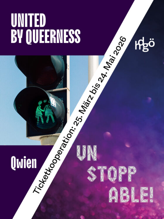 Plakat für Ticketkooperation hdgö und Qwien: „United by Queerness“, Veranstaltungen 2025-2026.