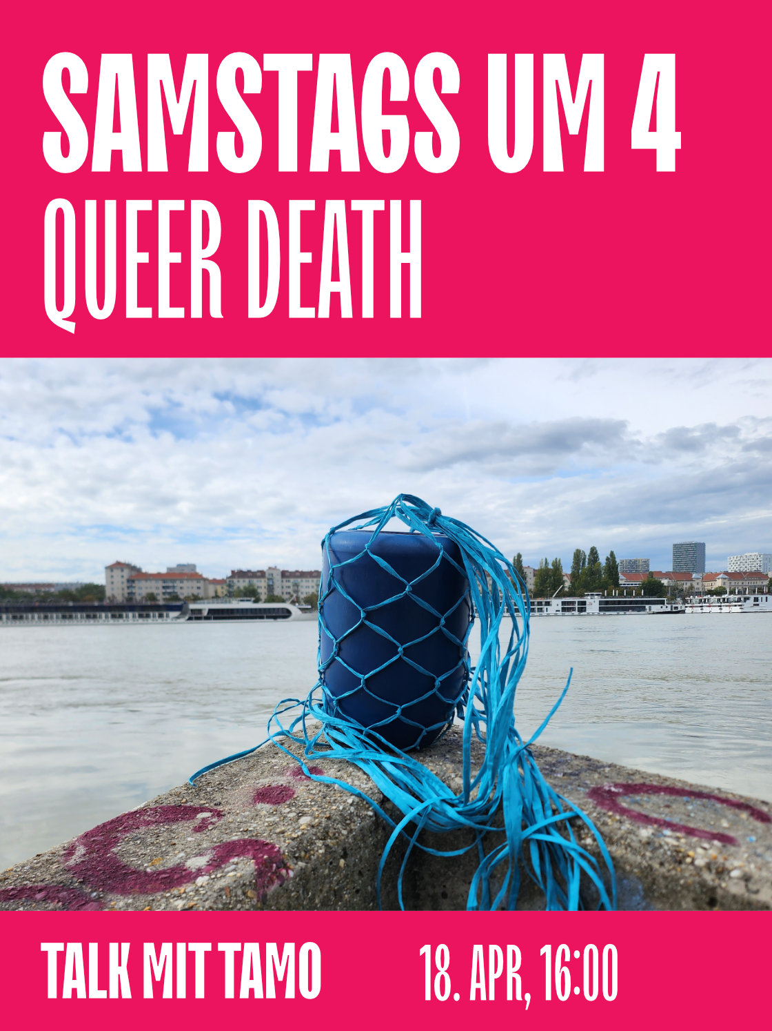 Plakat für Talk „Queer Death“ mit blauer Kerze und Wasser im Hintergrund.