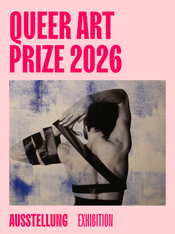 Queer Art Prize 2026 exhibition poster featuring a figure with artistic tape on their back.