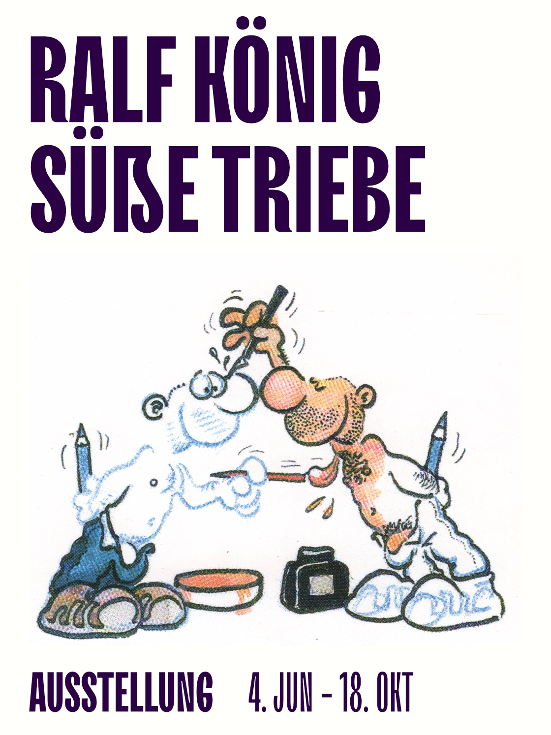 Cartoon illustration of two characters engaging in playful artistic expression, promoting Ralf König's exhibition.