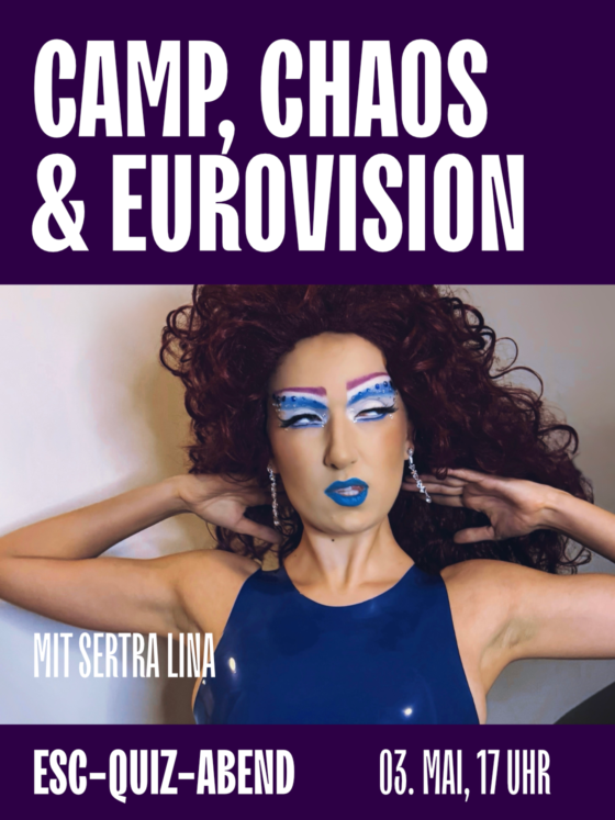 Person mit auffälligem Make-up und Frisur, bewirbt ESC-Quiz-Abend zu Camp, Chaos und Eurovision.