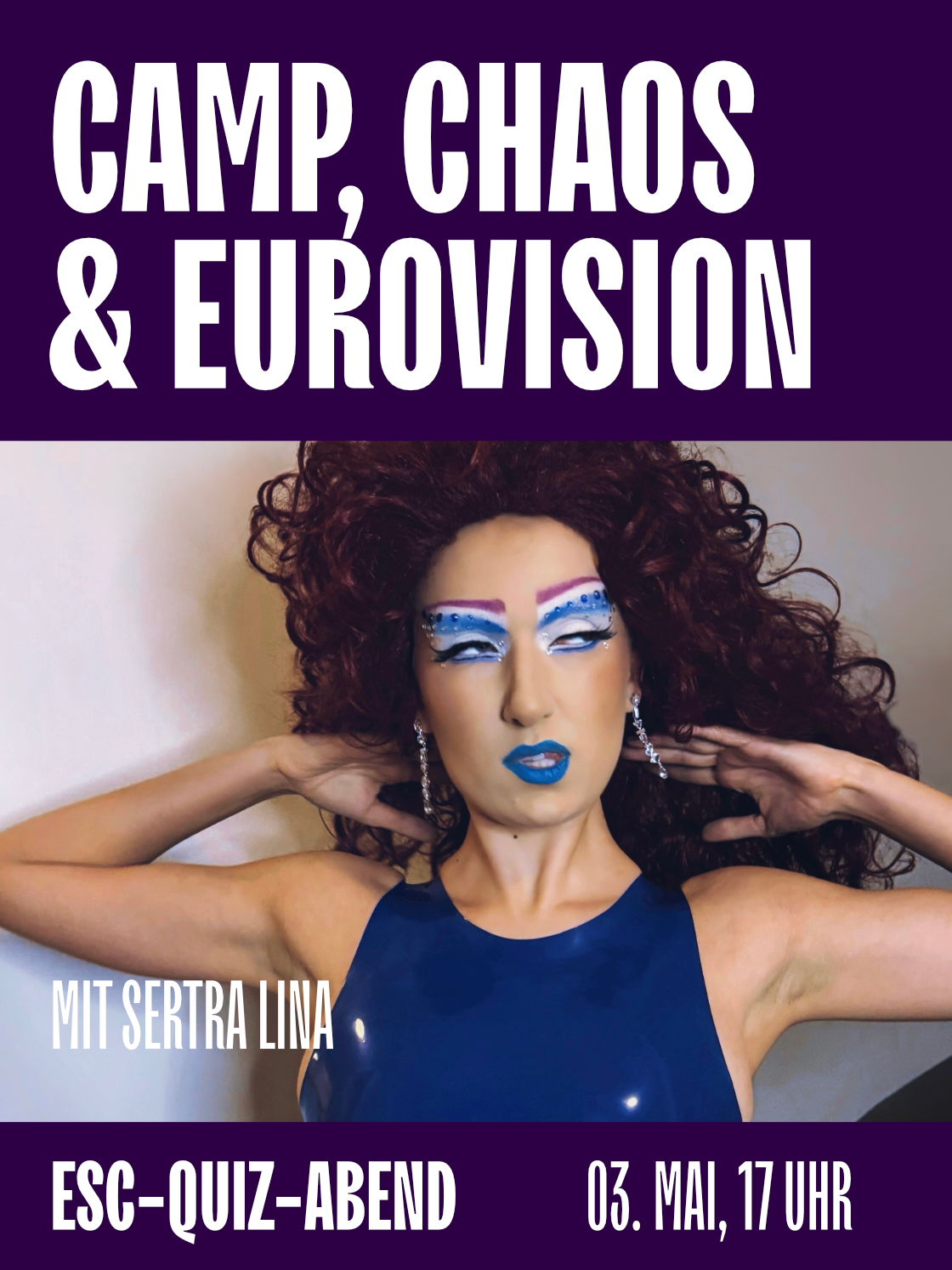 Person mit auffälligem Make-up und Frisur, bewirbt ESC-Quiz-Abend zu Camp, Chaos und Eurovision.