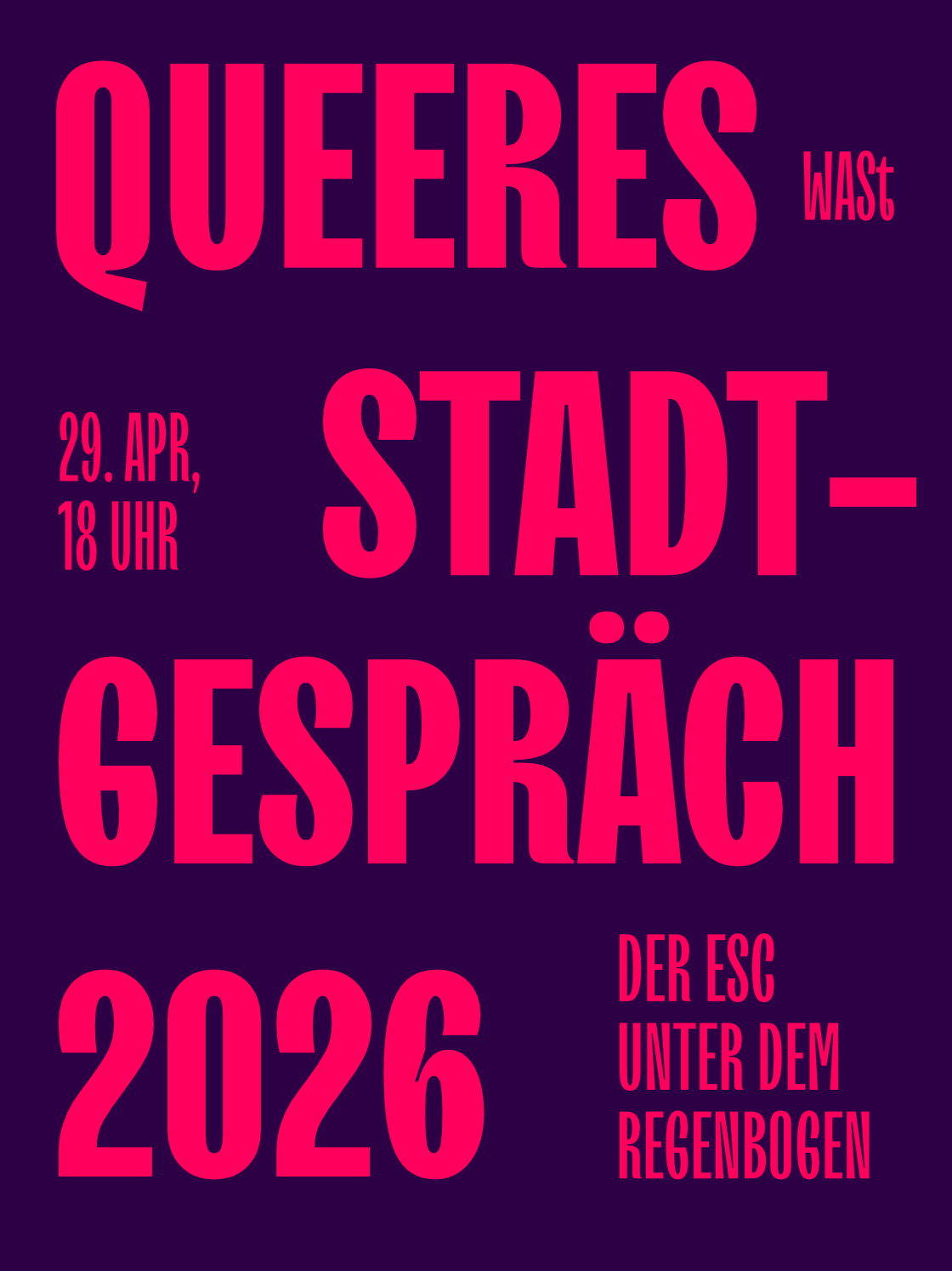 Plakat für das queere Stadtgespräch 2026 am 29. April um 18 Uhr.