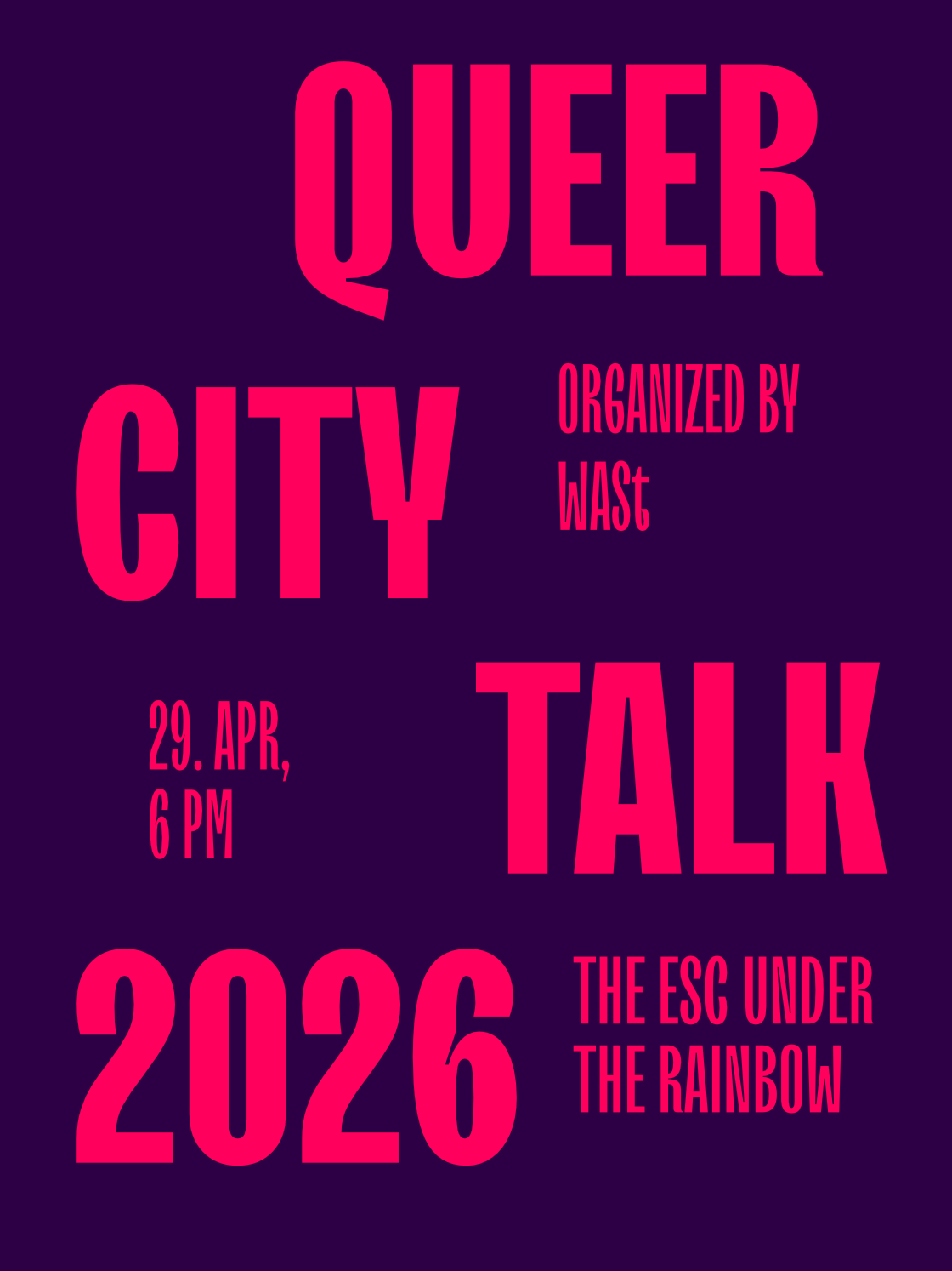 Alt text: "Queer City Talk event on April 29, 2026, organized by WASt."