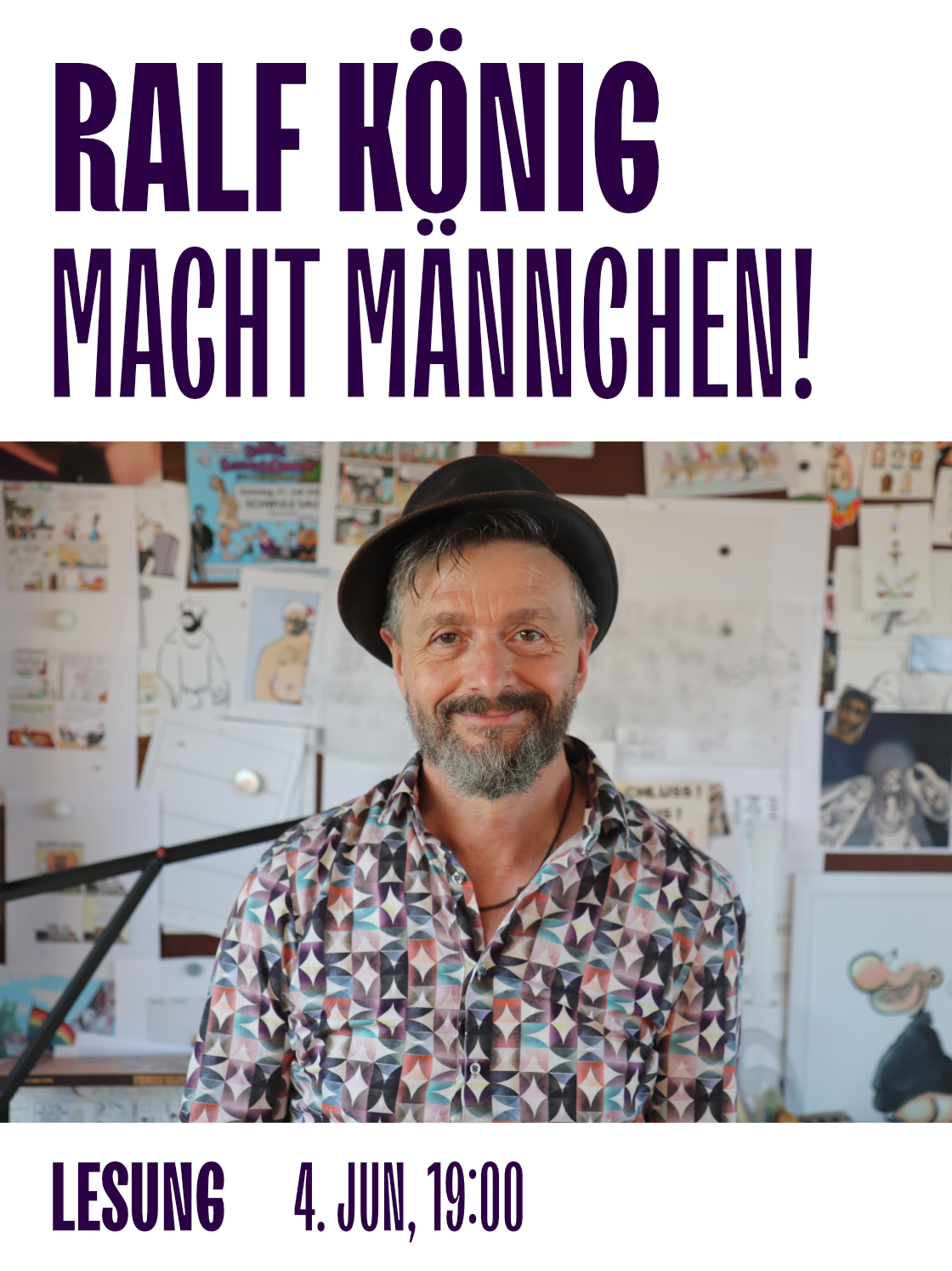 Ralf König smiles at his book launch event, surrounded by artwork and promotional details.