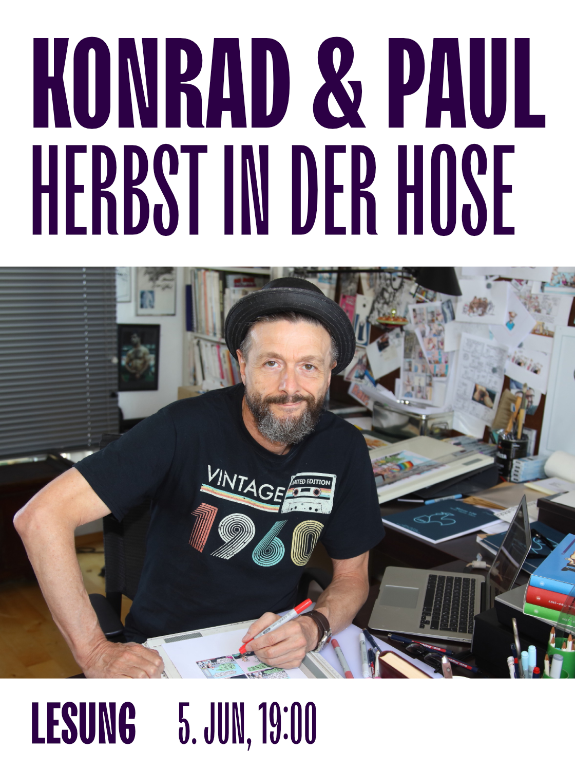 Man sitting at a desk, drawing, promoting "Herbst in der Hose" reading event.