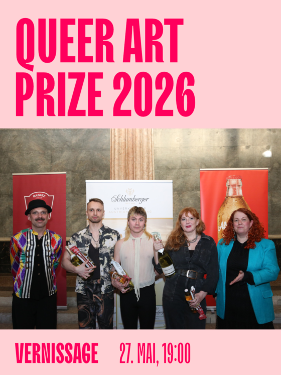 Group of five individuals at the Queer Art Prize 2026 presentation, celebrating with awards.