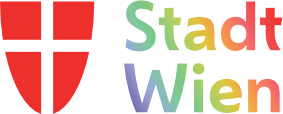 Logo der Stadt Wien in Regenbogenfarben, symbolisiert Vielfalt und Inklusion beim Pride Walk.