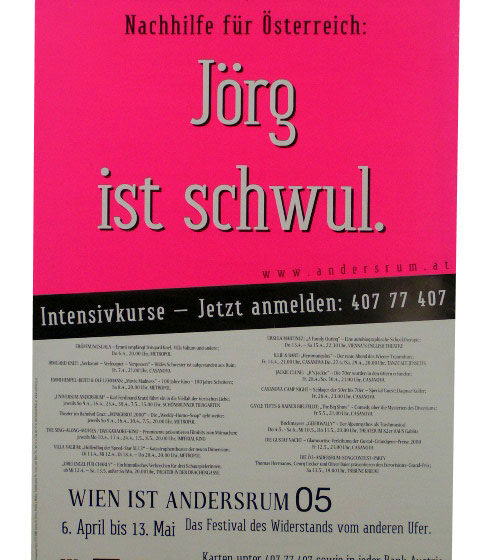 Plakat für das Festival "Wien ist Andersrum" mit Ankündigung und Kontaktinformationen.