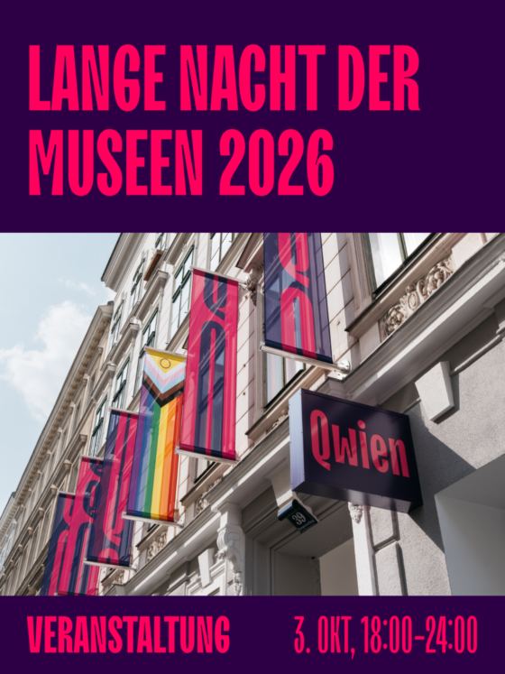 Banner der Veranstaltung „Lange Nacht der Museen 2026“ an einem Gebäude in Wien.