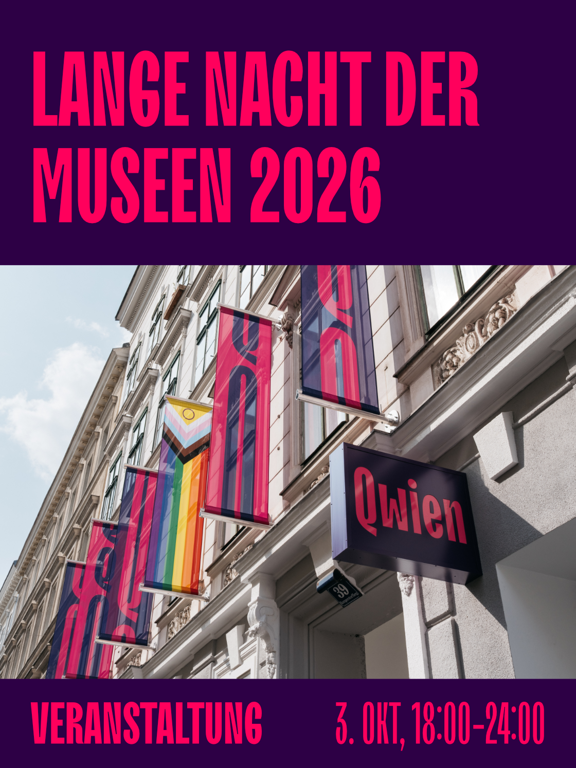 Banner der Veranstaltung „Lange Nacht der Museen 2026“ an einem Gebäude in Wien.