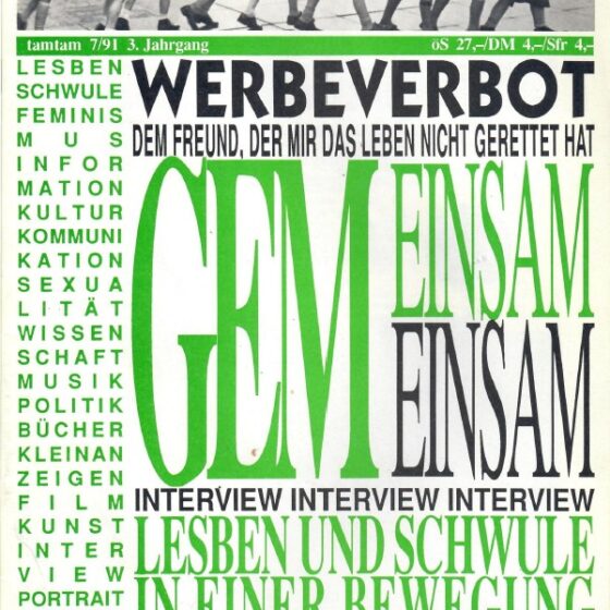 Cover der Zeitschrift "tam tam", Ausgabe 79/1, mit dem Titel "Werbebverbot" und Interviews zu LGBTQ+-Themen.