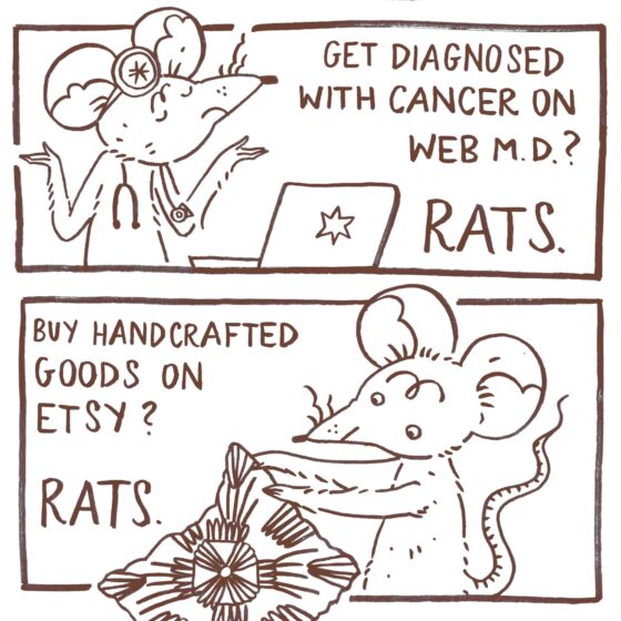 Illustration von zwei Mäusen, die humorvoll über Krebsdiagnosen und Etsy-Handwerk sprechen. Queer-Themen.