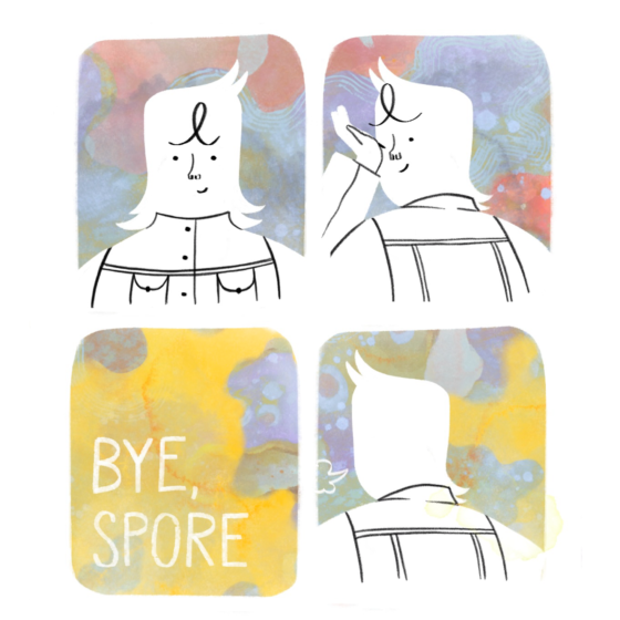 Vier Panels einer queer-illustrativen Zeichnung mit dem Text „BYE, SPORE“.