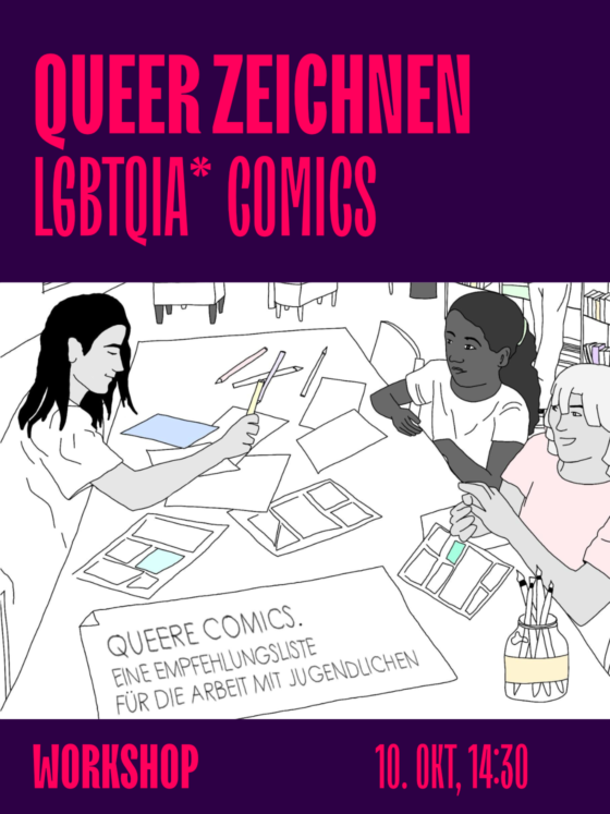 Alt-Text: Workshop zum queer Zeichnen von LGBTQIA* Comics mit kreativen Materialien und Teilnehmer*innen.