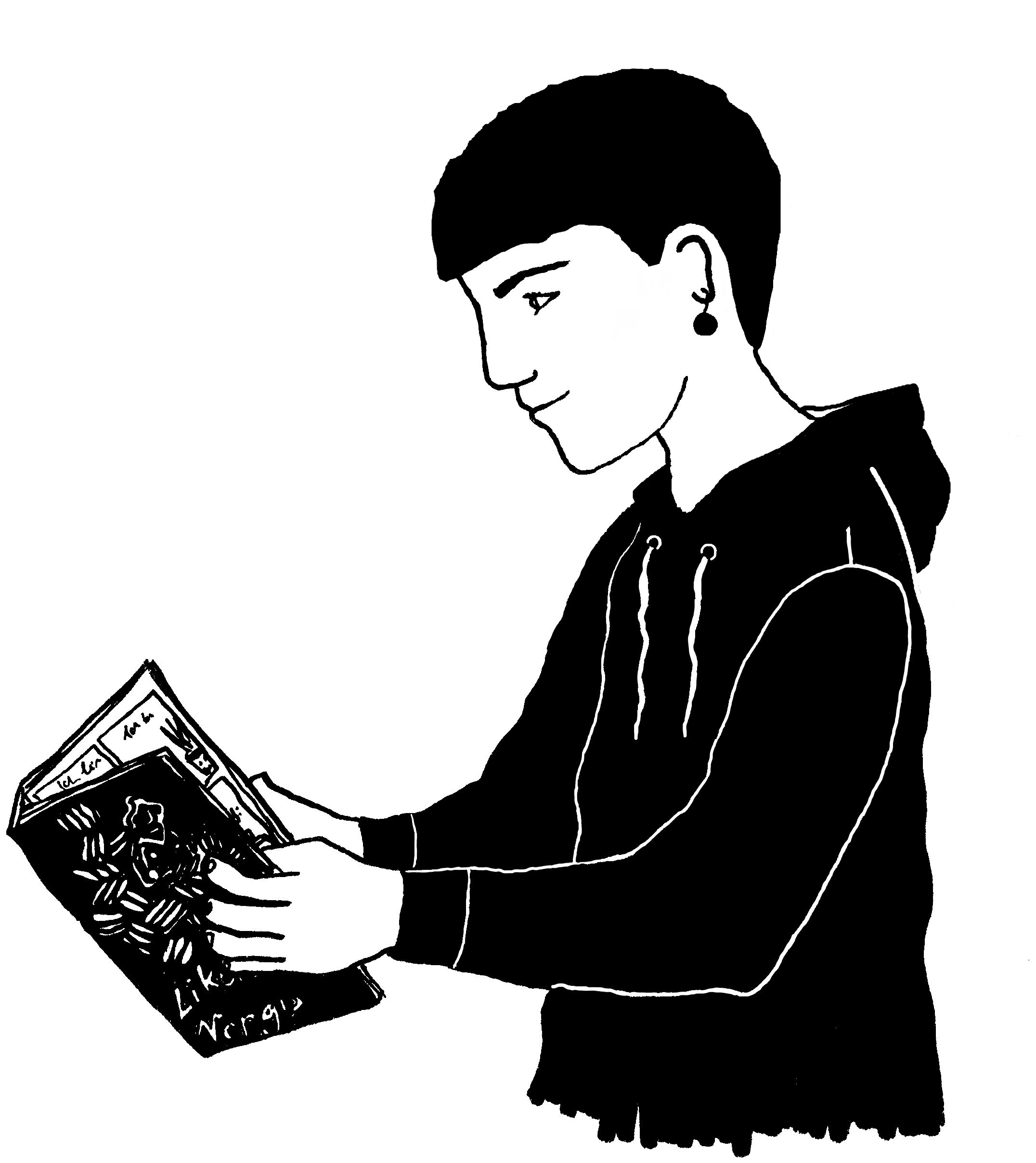 Junge Person mit Kurzhaarschnitt liest ein Buch über queer Zeichnen, inspiriert von LGBTQIA*.
